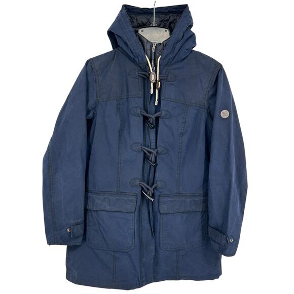 Ladies Barbour 10 US Navy Blue Kirkham Wax Quilted Duffle Tartan Coat Hooded